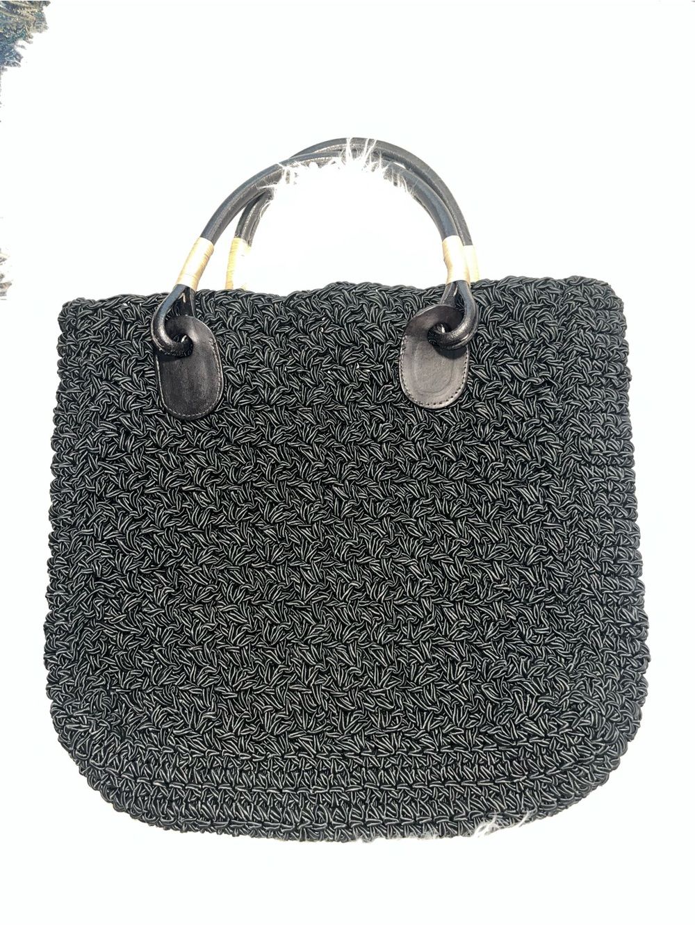 Black Woven Shoulder Bag with Cream -Accent Handles